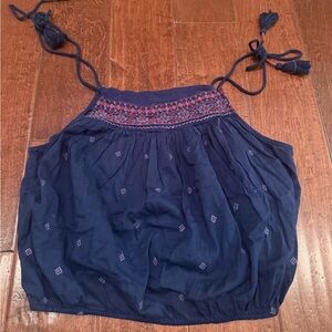 Free People Eternal Embroidered Navy Tank Top Medium, Tassel Tie At Shoulder